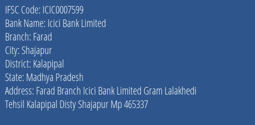 Icici Bank Farad Branch Kalapipal IFSC Code ICIC0007599