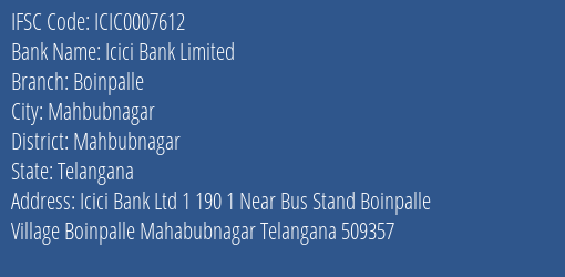 Icici Bank Boinpalle Branch Mahbubnagar IFSC Code ICIC0007612