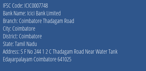 Icici Bank Coimbatore Thadagam Road Branch Coimbatore IFSC Code ICIC0007748