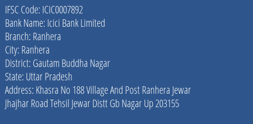 Icici Bank Ranhera Branch Gautam Buddha Nagar IFSC Code ICIC0007892