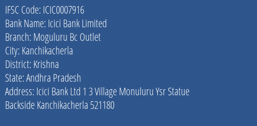 Icici Bank Moguluru Bc Outlet Branch Krishna IFSC Code ICIC0007916