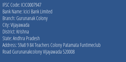 Icici Bank Gurunanak Colony Branch Krishna IFSC Code ICIC0007947