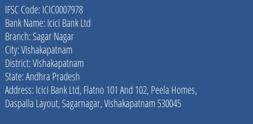 Icici Bank Ltd Sagar Nagar Branch, Branch Code 007978 & IFSC Code ICIC0007978