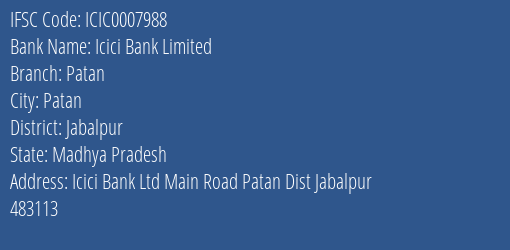 Icici Bank Patan Branch Jabalpur IFSC Code ICIC0007988
