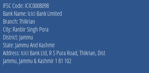 Icici Bank Thikrian Branch Jammu IFSC Code ICIC0008098