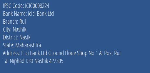 Icici Bank Ltd Rui Branch, Branch Code 008224 & IFSC Code ICIC0008224