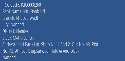 Icici Bank Ltd Khupsarwadi Branch, Branch Code 008260 & IFSC Code ICIC0008260
