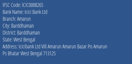 Icici Bank Ltd Amarun Branch, Branch Code 008265 & IFSC Code ICIC0008265