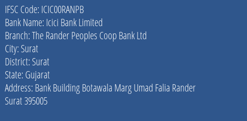 Icici Bank The Rander Peoples Coop Bank Ltd Branch Surat IFSC Code ICIC00RANPB