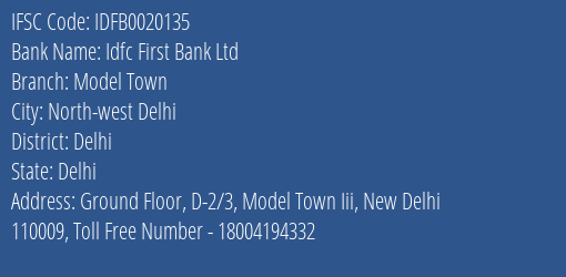 Idfc First Bank Ltd Model Town Branch Delhi IFSC Code IDFB0020135