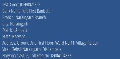 Idfc First Bank Ltd Naraingarh Branch Branch Ambala IFSC Code IDFB0021395