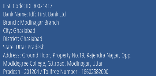 Idfc First Bank Ltd Modinagar Branch Branch Ghaziabad IFSC Code IDFB0021417