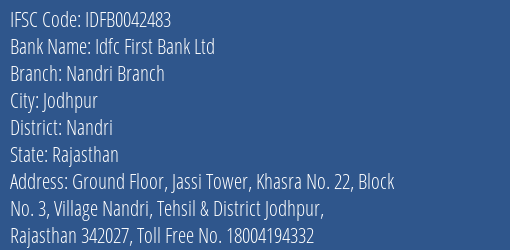 Idfc First Bank Ltd Nandri Branch Branch Nandri IFSC Code IDFB0042483