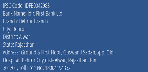 Idfc First Bank Ltd Behror Branch Branch, Branch Code 042983 & IFSC Code IDFB0042983
