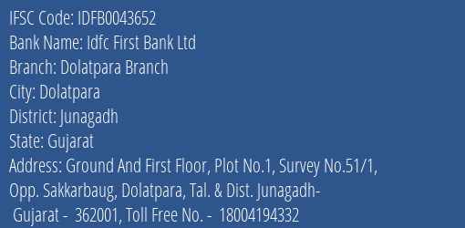 Idfc First Bank Ltd Dolatpara Branch Branch, Branch Code 043652 & IFSC Code IDFB0043652