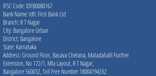 Idfc First Bank Ltd R T Nagar Branch Bangalore IFSC Code IDFB0080167