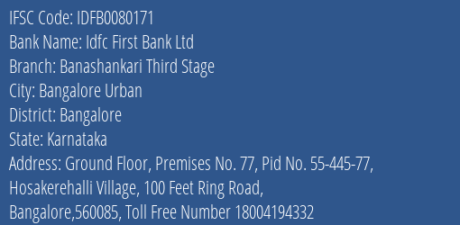 Idfc First Bank Ltd Banashankari Third Stage Branch Bangalore IFSC Code IDFB0080171