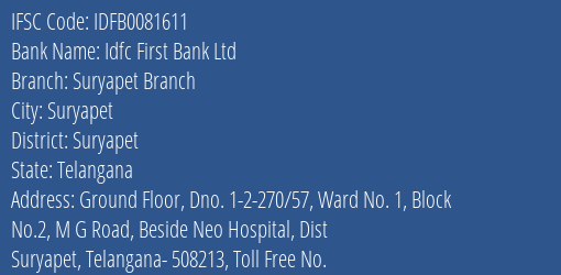 Idfc First Bank Ltd Suryapet Branch Branch Suryapet IFSC Code IDFB0081611
