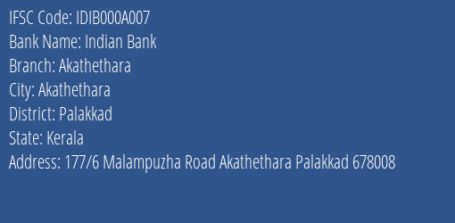 Indian Bank Akathethara Branch IFSC Code