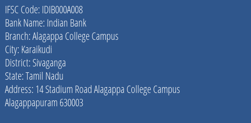 Indian Bank Alagappa College Campus Branch IFSC Code