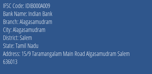 Indian Bank Alagasamudram Branch, Branch Code 00A009 & IFSC Code IDIB000A009