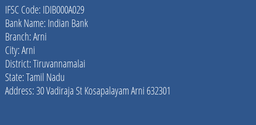 Indian Bank Arni Branch, Branch Code 00A029 & IFSC Code IDIB000A029