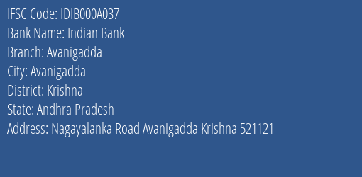 Indian Bank Avanigadda Branch, Branch Code 00A037 & IFSC Code IDIB000A037