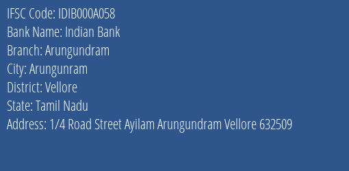 Indian Bank Arungundram Branch, Branch Code 00A058 & IFSC Code IDIB000A058