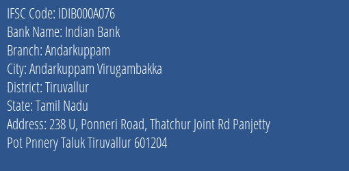 Indian Bank Andarkuppam Branch, Branch Code 00A076 & IFSC Code IDIB000A076