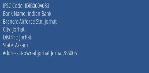 Indian Bank Airforce Stn. Jorhat Branch, Branch Code 00A083 & IFSC Code IDIB000A083