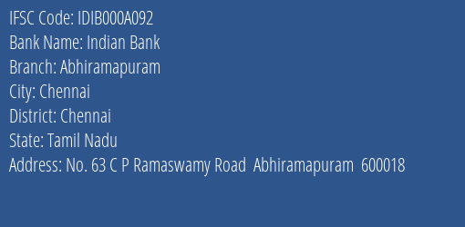 Indian Bank Abhiramapuram Branch Chennai IFSC Code IDIB000A092