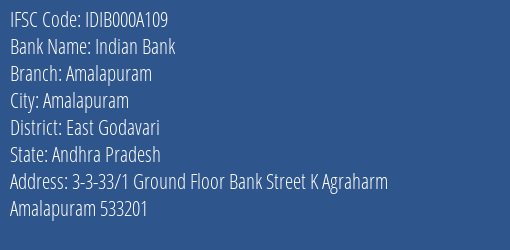 Indian Bank Amalapuram Branch East Godavari IFSC Code IDIB000A109