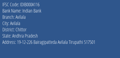 Indian Bank Avilala Branch Chittor IFSC Code IDIB000A116