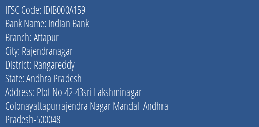 Indian Bank Attapur Branch Rangareddy IFSC Code IDIB000A159
