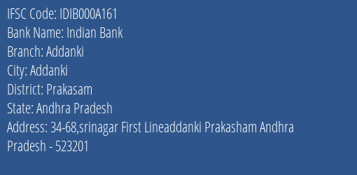 Indian Bank Addanki Branch Prakasam IFSC Code IDIB000A161