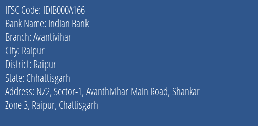 Indian Bank Avantivihar Branch, Branch Code 00A166 & IFSC Code IDIB000A166