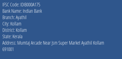 Indian Bank Ayathil Branch, Branch Code 00A175 & IFSC Code IDIB000A175