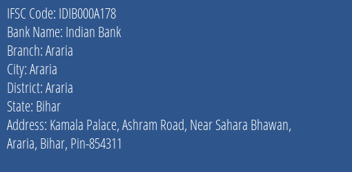 Indian Bank Araria Branch Araria IFSC Code IDIB000A178