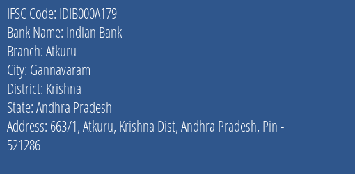 Indian Bank Atkuru Branch Krishna IFSC Code IDIB000A179