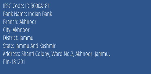 Indian Bank Akhnoor Branch, Branch Code 00A181 & IFSC Code IDIB000A181