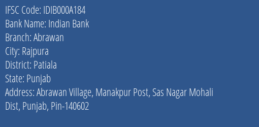 Indian Bank Abrawan Branch, Branch Code 00A184 & IFSC Code Idib000a184