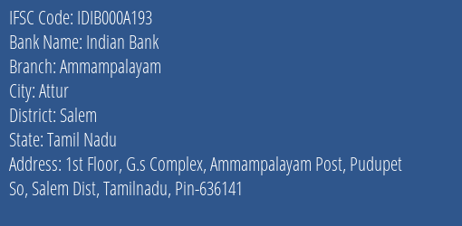 Indian Bank Ammampalayam Branch IFSC Code