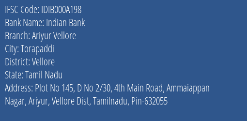 Indian Bank Ariyur Vellore Branch, Branch Code 00A198 & IFSC Code IDIB000A198