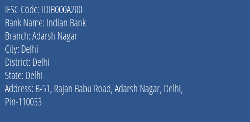 Indian Bank Adarsh Nagar Branch, Branch Code 00A200 & IFSC Code IDIB000A200