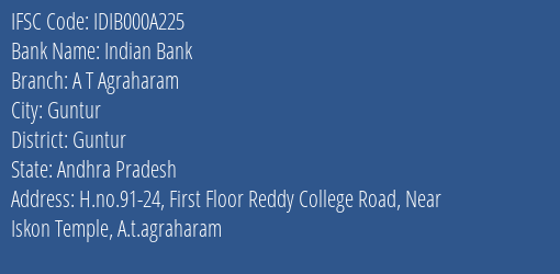 Indian Bank A T Agraharam Branch Guntur IFSC Code IDIB000A225
