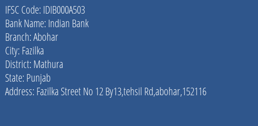 Indian Bank Abohar Branch Mathura IFSC Code IDIB000A503