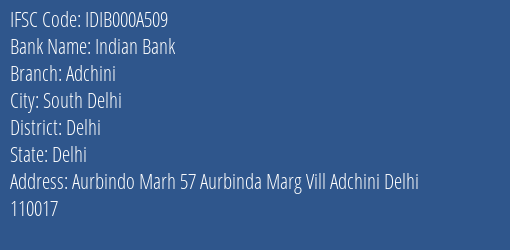 Indian Bank Adchini Branch, Branch Code 00A509 & IFSC Code IDIB000A509
