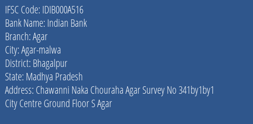 Indian Bank Agar Branch, Branch Code 00A516 & IFSC Code IDIB000A516