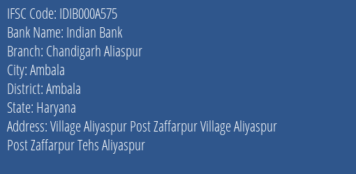 Indian Bank Chandigarh Aliaspur Branch IFSC Code
