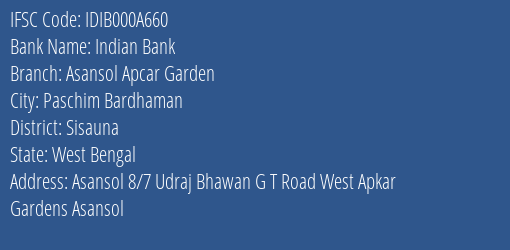 Indian Bank Asansol Apcar Garden Branch IFSC Code